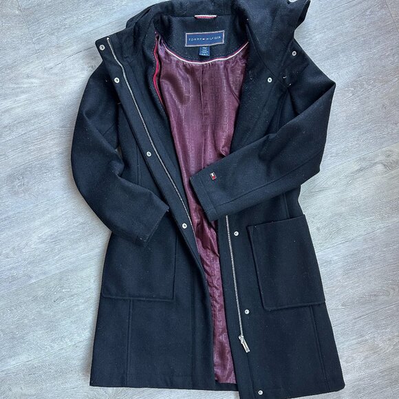 TOMMY HILFIGER Belted Faux-Fur-Trim Hooded Coat XS - Picture 2 of 4